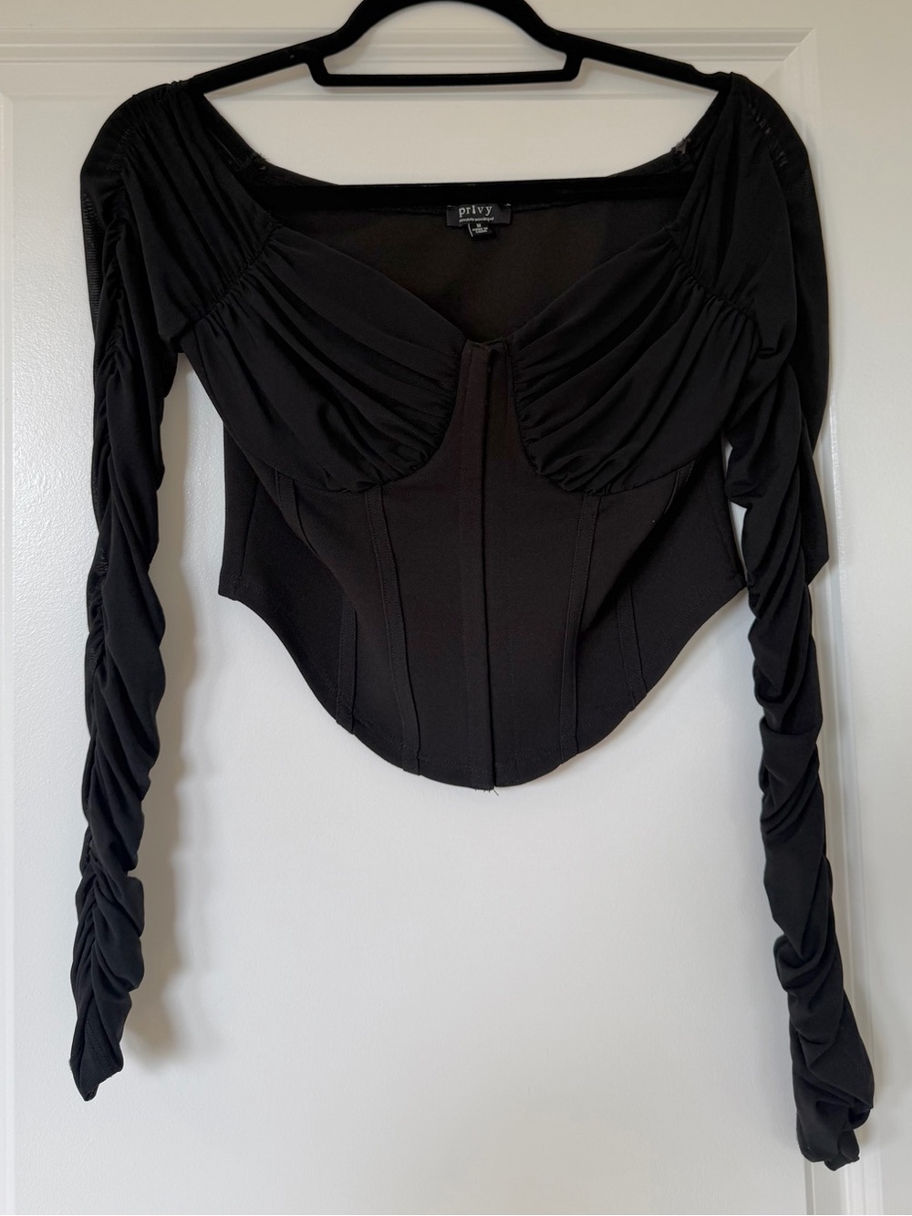 Black Ruched Long Sleeve Corset Crop Top